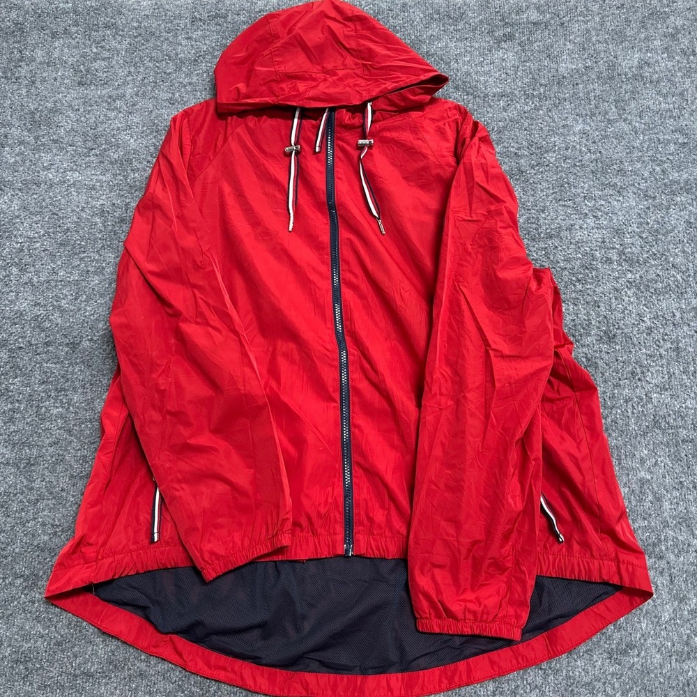 Tommy Hilfiger Windbreaker Womens XL Red Hooded Full Zip Mesh Lined High-Low Hem
